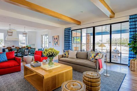 Colorful, Open Concept Living Room Colorful Open Concept, White Spa Bathroom, Blue Upholstered Bed, Galley Kitchen Remodel Ideas, Concept Wallpaper, Concept Living Room, Wallpaper Prints, White Mosaic Tiles, Houses In America