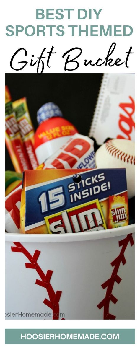 Baseball Coach Gifts Diy, Baseball Bucket Gift Ideas, Baseball Coach Gift Ideas Diy, Baseball Theme Gifts, Baseball Gift Basket, Hommade Gifts, Homemade Easter Baskets, Diy Gifts Cheap, Creative Gift Baskets