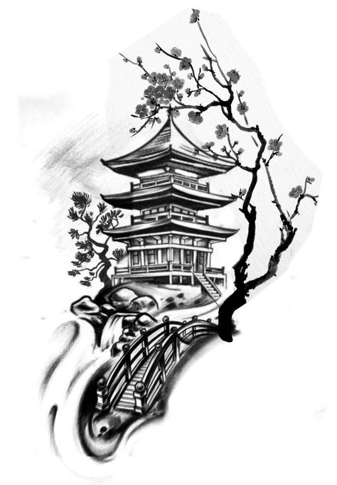 Pagoda Tattoo Design, Pagoda Tattoo, Alex Tattoo, Samurai Tattoo Sleeve, Japanese Art Samurai, Chicano Art Tattoos, Traditional Tattoo Art, Samurai Tattoo, Japan Tattoo