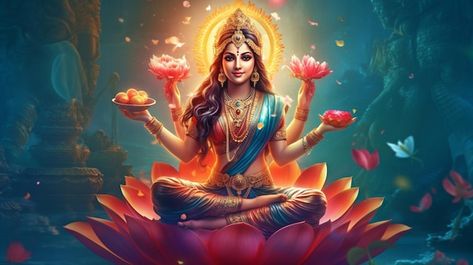 Photo generative ai depicts the hindu go... | Premium Photo #Freepik #photo #lord #hindu-god #indian-god #hinduism Goddess Laxmi, Indian God, Dreams And Visions, Lotus Art, Hindu Goddess, Dragon Ball Super Artwork, Vivid Dreams, Navratri Special, Supernatural Power