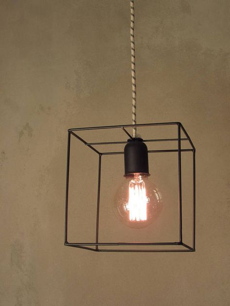 Elegant cubic cage made of steel wires and a fabric cable. Depicted: Antique Bronze Cage with Brown/Beige linen cable, the second Black with Linen/Black striped cable, the third Copper with Black/Copper twisted cable. please visit the relevant items: Wire Lighting, Cage Ceiling Light, Industrial Lighting Design, Modern Hanging Lamp, Geometric Pendant Light, Cage Pendant Light, Black Steel Frame, Lamp Chandelier, Wire Lights