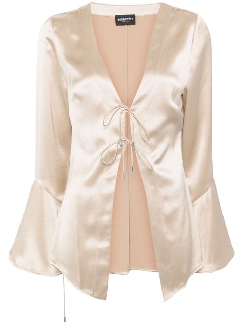 sand beige silk blend V-neck collarless front tie fastening long sleeves flared cuffs straight hem Silk Shirt Aesthetic, Silk Top Outfit Classy, Champagne Clothes, Silk Top Outfit, Miranda Hobbes, Flare Sleeve Top, Flare Blouse, Flare Shirt, Silk Clothes