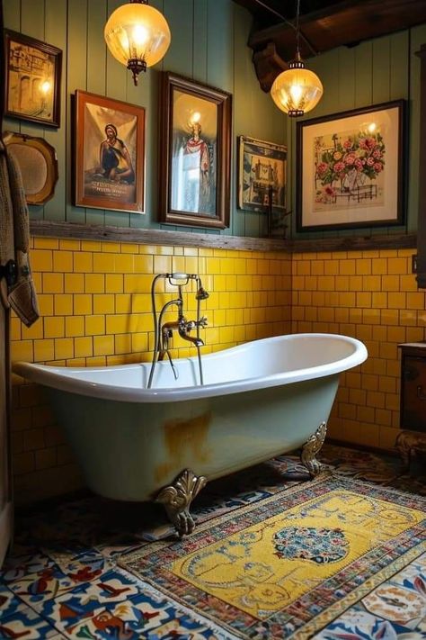 Yellow Bathroom Ideas, Yellow Tile Bathroom, Yellow Bathroom, Vibrant Home, Eclectic Bathroom, Yellow Tile, Victorian Bathroom, Yellow Bathrooms, Bathroom Renos