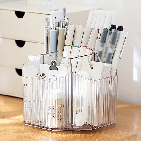 INSTOME Clear Pen Holder,360°Rotating Pen Holder for Desk Organizer,5 Compartments and Makeup Brush Holders,Multifunctional Office Supplies for Home,Teachers and School (clear) Multifunctional Office, Pencil Holders For Desk, Teachers Office, Art Supplies Storage, Brush Holders, Pencil Holders, Pencil Organizer, Fine Writing Instruments, Pen Organization