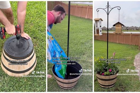 This Shepherd’s Hook Planter Is a Genius Hack for Hanging Bird Feeders Backyard Bridge, Bridge Diy, Backyard Bridges, Cheap Raised Garden Beds, Bed Layout, Garden Archway, Planter Box Plans, Beds Diy, Cedar Raised Garden Beds