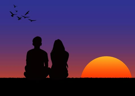 graphics drawing couple boy and girl sit with sunset or sunrise background and light orange and blue of sky vector illustration concept romantic Couple Painting Silhouette, Couple Shadow Drawing, Couple Sunset Painting, Romantic Sunset Painting, Romantic Paintings Couple, Sunset Painting Easy, Boy And Girl Drawing, Couples Canvas Painting, Drawing Sunset