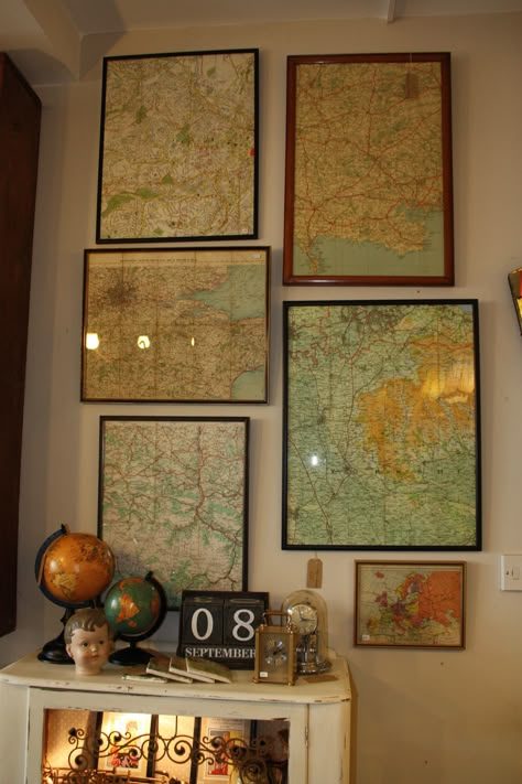 ... Vintage Maps Aesthetic, Maps On Wall, Funky Cabin, Old Map Aesthetic, Vintage Map Aesthetic, Framing Maps, Map Decorations, Map On Wall, Map Gallery Wall