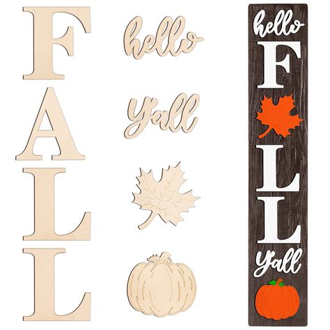 PRICES MAY VARY. Package: 8 pieces wood letters of Hello fall y'all, pumpkin and maple leaf wooden cutouts, you can freely create multi styles of fall wood porch sign in horizontal or vertical way Fall Wood Sign: Individual wood letters of FALL and whole pieces of hello y'all make a stunning front door porch sign for your farmhouse fall themed decoration, and the leaf and pumpkin wood cutouts are perfect additions to the fall wood sign Premium Quality: These unfinished wood cutouts are made of l Pumpkin Decorating Diy, Porch Wood, Autumn Leaves Craft, Wood Porch, Large Wooden Letters, Fall Decor Wreaths, Fall Wood Signs, Fall Arts And Crafts, Halloween Arts And Crafts