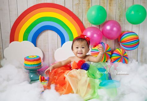 Rainbow theme for Jai's prebirthday shoot. #rainbows #babyphotography #birthdaysession Rainbow Themed Photoshoot, Rainbow Theme Photoshoot, Rainbow Theme Baby Photoshoot, Photoshoot For Baby, Rainbow Photoshoot, Theme Photoshoot, Panda Decorations, Baby Birthday Photoshoot, Baby Boy Newborn Photography