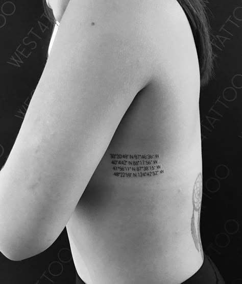 COORDINATES Tattoo // @wickynicky on Instagram Rib Tattoo Coordinates, Gps Tattoo Coordinates, Gps Tattoo, Gps Coordinates Tattoo, Coordinates Tattoo Placement, Tattoo Ideas Ribs, Coordinate Tattoo Ideas, Roos Tattoo, Discreet Tattoos For Women