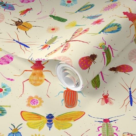 Colorful Critters Wallpaper | Spoonflower Wall Decor For Apartment Living Room, Wildflower Baby Nursery Theme, Funky Wallpaper Living Room, Thrifted Kids Room, Bug Themed Nursery, Eclectic Nursery Boy, Kids Room Murals Diy, Fun Wallpaper Accent Wall, Colorful Mural Wall