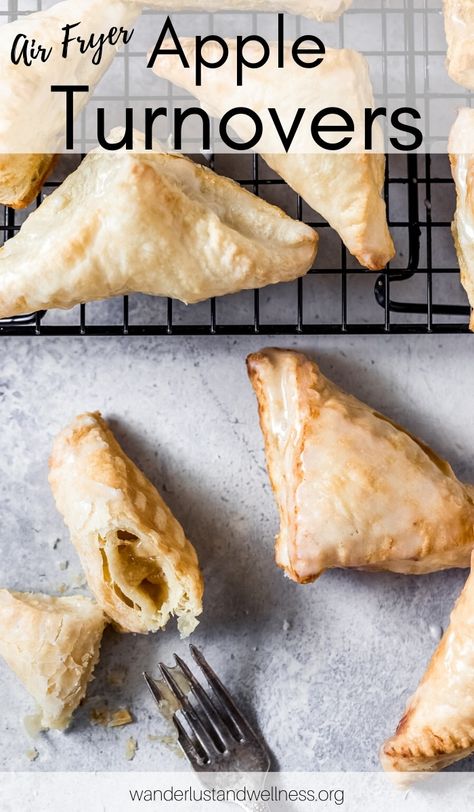 Buttery, flaky air fryer apple turnovers! Delicious puff pastry filled with apple pie filling, baked in the air fryer, then dipped in a sweet glaze for a deliciously easy air fryer dessert recipe! Apple Turnovers With Puff Pastry, Easy Apple Turnovers, Apple Turnover Recipe, Puff Pastry Filling, Turnover Recipes, Apple And Cinnamon, Apple Turnovers, Apple Recipes Easy, Apple Pie Filling