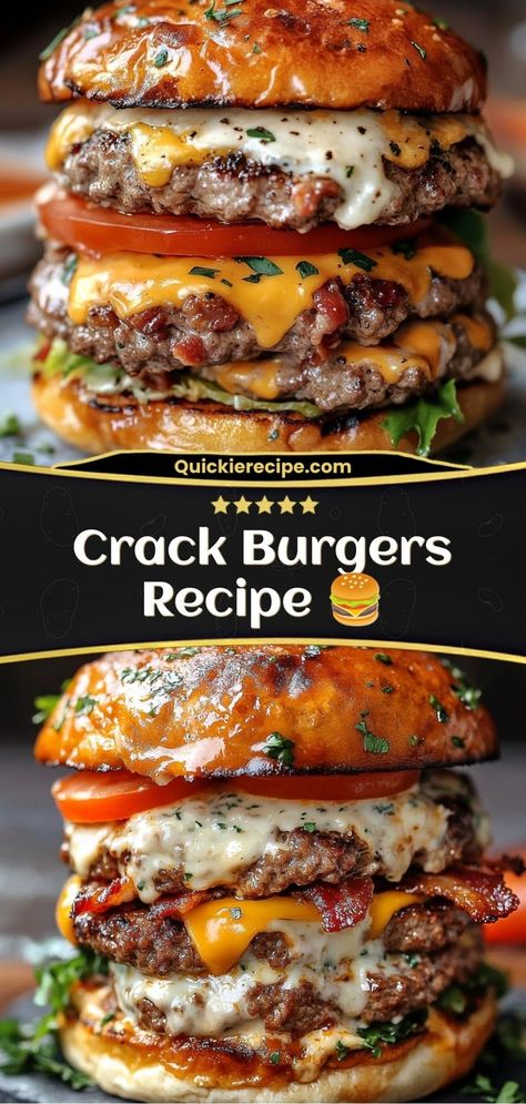 Crack Burgers are juicy, flavor-packed burgers loaded with creamy ranch seasoning, crispy bacon, and melty cheddar cheese. These burgers are totally addictive and perfect for your next cookout or weeknight meal! 🍔 Patty Melt Recipe, Hamburger Recipes Patty, Ranch Burgers, Cheeseburger Recipe, Creamy Ranch, Fast Food Menu, Toast Sandwich, Gourmet Burgers, Pizza Recipes Homemade