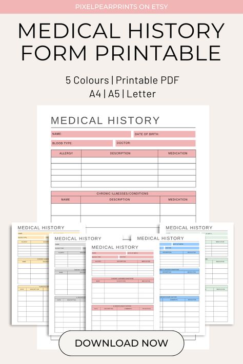 This is the perfect printable to help you keep track of you and your family's medical history. Ideal for anyone that wants to start keeping a printed history of their health. This form has space for allergies, chronic conditions and any illnesses or injuries. #medical #vitalstracker #healthjourney #healthtracker #printable #medicalhistory #healthform #familyhealth #template #medicalplanner #allergylist Medical History Template, Medical History Form, History Template, Family Health History, Medical Binder, Anatomy Coloring Book, Emergency Binder, Complete Family, Recipe Book Templates