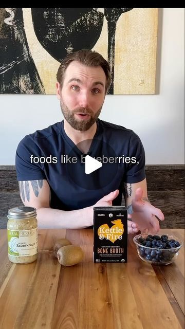 Cory Rodriguez on Instagram: "🍽️ Gut Food    🦠 Fermented foods like sauerkraut can help the population of good bacteria in the gut. (PMID: 34256014)    🥝 Prebiotic foods like kiwi fruit can help feed the healthy bacteria in your gut. (PMID: 30857316)    🥘 Bone broth naturally contains many compounds that are good for the gut. The amino acids glutamine and glycine can contribute to overall gut integrity. (PMID: 24965526) (PMID: 2501227)     🫐 Polyphenol rich foods like blueberries can not only help the growth of good healthy bacteria in the gut, but they can help fight off possible harmful or pathogenic bacteria as well. (PMID: 29063625)   #guthealth #healthygut #health #wellness" Psychobiotic Foods, Gut Food, Aip Diet Recipes, Healthy Board, Prebiotic Foods, Sick Remedies, Aip Diet, Fun Videos, Healthy Bacteria