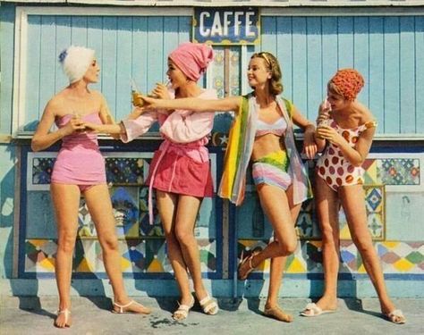 Déjà Vu Vintage Finery: Palm Springs Vintage Clothing: Vintage Inspiration | A Palm Springs Summer 50s Outfit, Vintage Palm Springs, Vintage Swim, Rainbow Fashion, Vintage Swimwear, Vintage Swimsuits, Retro Mode, Vintage Life, 1960s Fashion