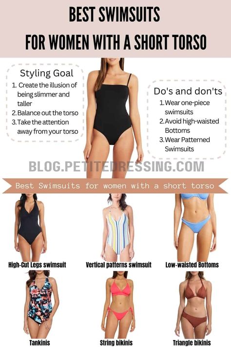 Swimsuits guide for women with a short torso Short Torso Outfits, Short Legs Long Torso, Fun One Piece Swimsuit, Rectangle Body Shape, Legs Outfit, Halter Neck Swimsuit, Swimsuit With Shorts, Swimsuit Pattern, Perfect Swimsuit