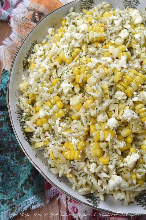 Orzo Pasta Salad with Fresh Dill, Corn, and Feta - This easy-to-make orzo pasta salad brings together the sweet, juicy kernels of summer corn, the fragrant flavor of fresh dill, and the tangy, salty goodness of crumbled feta cheese. Its dressing, which is a simple blend of lemon zest and juice, olive oil, honey, and a touch of seasoning, really allows the fresh corn and dill to shine in this simple, yet satisfying summer pasta salad. Corn And Orzo Salad, Pasta With Dill, Cheese Its, Homemade Pasta Salad, Corn Tomato Salad, Pasta Salad With Tortellini, Orzo Pasta Salad, Tortellini Pasta, Feta Pasta