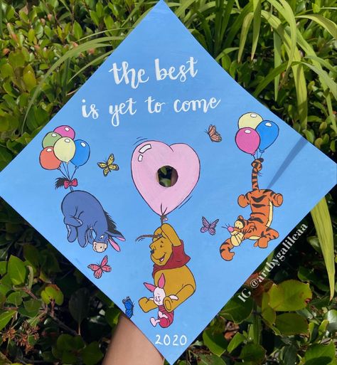 Graduation Cap Unique, Grad Cap Painting Ideas, Senior Cap Decoration Ideas, Grad Cap Ideas Winnie The Pooh, Eeyore Graduation Cap, Pooh Graduation Cap, High School Graduation Cap Designs Disney, Winnie The Pooh Graduation Cap, Disney Graduation Cap Designs