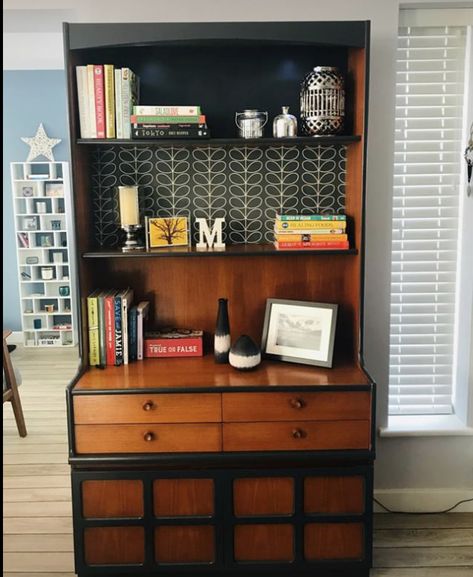 Beautiful Nathan Dresser  Teak with slate Grey piping finished with Grey Orla Kiely backdrop £425 Height 194 cm Width 102 cm Depth 45 cm Available Facebook Marketplace Search Baldock Hertfordshire  https://www.facebook.com/marketplace/item/2910800009037200/ Bookcase Dresser, Nathan Furniture, Sideboard Upcycle, Painted Furniture Designs, Sideboard Decor, Revamp Furniture, Modern Home Bar, Upcycled Furniture Diy, Retro Living Rooms