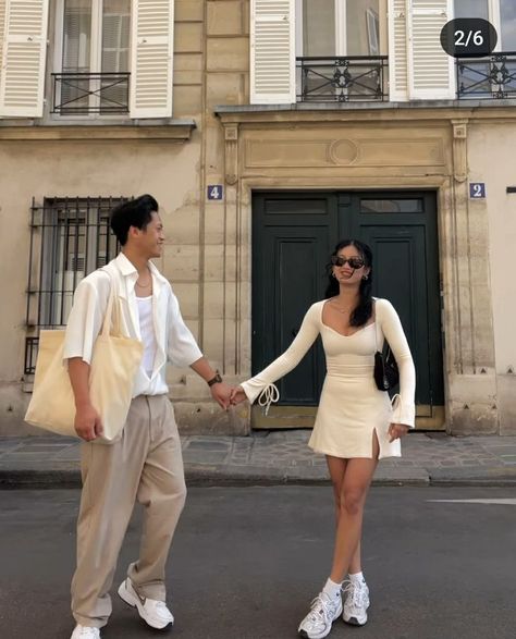 Old Money Aesthetic Outfit Couple, Classy Couples Outfit, Couple Beige Outfits, Europe Couple Outfits, Aesthetic Couple Fits, Couple Fits Summer, Matching Couple Summer Outfits, Couple Fit Check, Couple Matching Outfits Summer