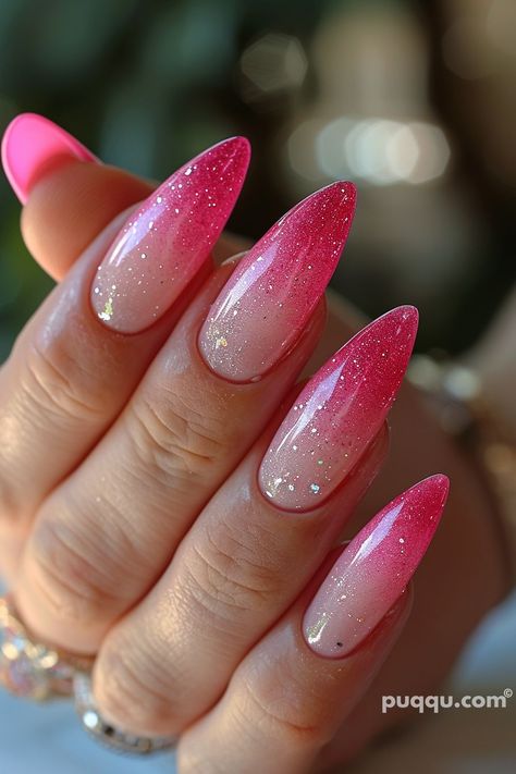 Pink Ombre Nails: Trendy Nail Designs for a Stunning Look - Puqqu Glittery Ombre Acrylic Nails, Glitter Hot Pink Nails, Fuschia Ombre Nails, Pink Winter Nail Ideas, Hot Pink Ombré Nails, Nokti Ombre, Pink Ombre Nails With Glitter, Pink Glitter Ombre Nails, Pink Color Nails