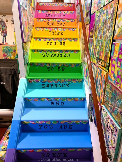 Black Floor Paint, Staircase Painted, Stairs Painted, Cement Steps, Stair Art, Rainbow House, Library Boards, Painted Patio, Painted Stairs