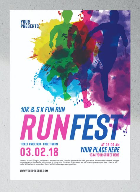 Run Festival Flyer Template PSD Color Run Poster Design, Festival Flyer Design, Brand Guidelines Design, Graphic Design Posters Layout, Festival Flyer, Flyer Layout, Event Flyer Templates, Sports Graphic Design, Poster Layout