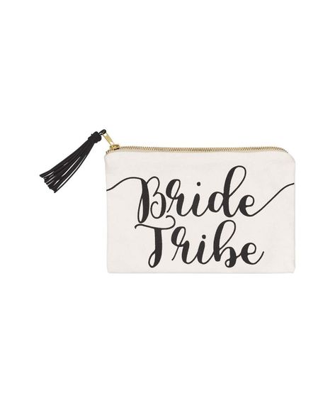 Bridal Party Cosmetic Bag: The perfect bachelorette party favors or bridal party giftsChic Gifts: This white bag features bold black script font and a gold zipper with black tasselVarious Styles: A variety of options for everyone in the bridal party, and the bride to be!Zip Bag: Stash wedding day essentials in this makeup bag with a cute tassel zip closureCosmetic Bag Dimensions: 9 inches wide x 6 inches tall