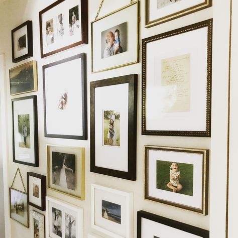 Mixed Gallery Wall Hallway, Photo Gallery Wall Mixed Frames, Family Photos Hallway Wall Collage, Family Photo Gallery Wall Ideas Stairs, Eclectic Family Photo Gallery Wall, Collected Family Photo Wall, Photo Wall Collage Mixed Frames, Mixed Frame Photo Wall, Photo Wall Collage Eclectic