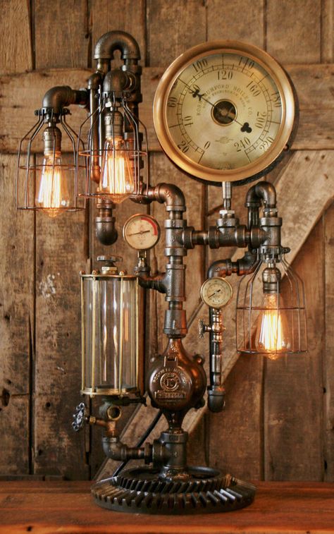 Steampunk Industrial / Table / Gear / Steam Gauge / Mass #1433 sold Industrial Farmhouse Bar, Bar Industrial, Lighting Office, Industrial Wallpaper, Industrial Door, Steampunk Lighting, Industrial Style Decor, Farmhouse Bar, Steampunk Industrial