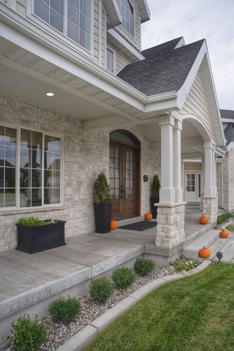 White Stone House Exterior, Porch Architecture, Front Porch Stone, House Columns, Front Porch Addition, Austin White, Stone Porches, Stone Exterior Houses, Ranch House Exterior