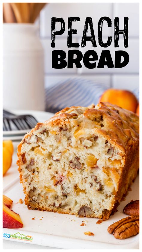 Looking for a yummy breakfast or snacking bread that captures summer? This delicious peach bread combines the juicy, flavor of summertime peaches with a satisfying loaf. You've got to try this peach bread recipe that will delight your family and friends! Homemade Dessert Bread, Peach Bread Recipe, Pecan Bread Recipe, Peach Bread, Pecan Bread, Peach Dessert, Peach Dessert Recipes, Peach Recipes, Pumpkin Waffles