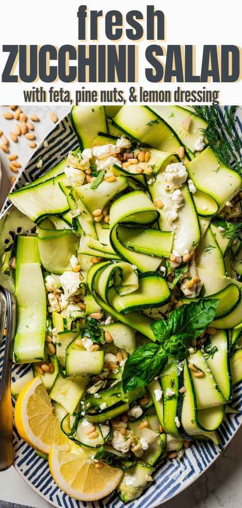 This raw zucchini salad is everything I love about summer in a bowl! Fresh zucchini ribbons tossed with herbs, toasty pine nuts, salty feta cheese, and a zesty lemon dill dressing. Make it asap and pair it with your favorite grilled foods for a perfect summer meal! Lemon Dill Dressing, Raw Zucchini Salad, Raw Zucchini, Easy Summer Side Dishes, Main Salad, Dill Dressing, Fresh Zucchini, Best Macaroni Salad, Zucchini Ribbons