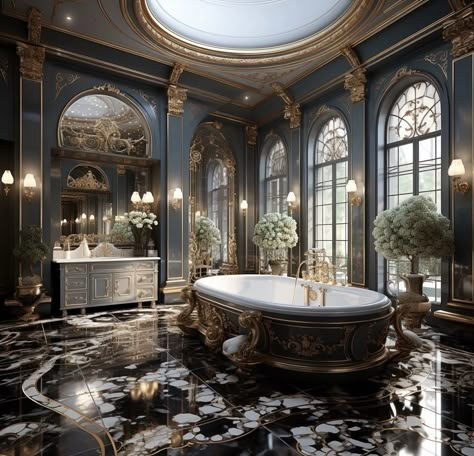 Dark Marble Countertops, Grand Bathroom, Gothic Bathroom Ideas, Luxe Home Decor, Windows Frame, Royal Bathroom, Castle Bedroom, Dark Marble, Luxury Bathtub