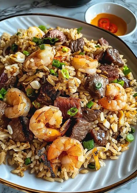 Shrimp & Steak Fried Rice | Delectable Recipe Steak Fried Rice, Crispy Vegetables, Best Fried Rice, Beef Fried Rice, Steak And Rice, Steak Shrimp, Fried Rice Recipes, Shrimp Rice, Homemade Chinese Food