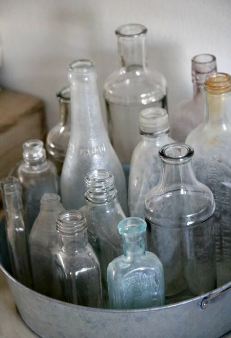 How To Put Collections On Display · Cozy Little House Bottles Display Ideas, Glass Bottle Collection Display, How To Display Old Bottles, Old Bottle Display Ideas, Display Bottle Collection, Decorating With Old Glass Bottles, Old Glass Bottles Ideas Display, Displaying Bottles Ideas, Antique Bottle Display Ideas