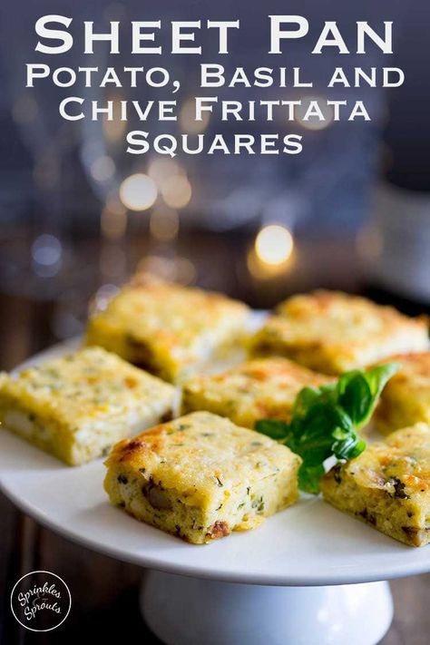 Sheet Pan Potato Frittata Squares with Basil and Chive Savoury Slice, Potato Frittata, Melty Cheese, Sprout Recipes, Thanksgiving Appetizers, Potato Dishes, Breakfast Brunch Recipes, Deviled Eggs, Polenta