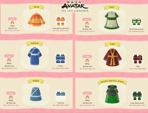 ATLA costumes in ACNH Acnh Avatar Design, Acnh Avatar The Last Airbender, Acnh Anime Design Codes, Acnh Costume Designs, Avatar The Last Airbender Animal Crossing, Acnh Avatar, Acnh Avatar Ideas, Acnh Anime Designs, Animal Crossing Movie