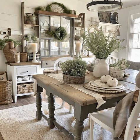 25 Stunning Ideas for Farmhouse Decor on a Budget Farmhouse Decor For Kitchen Table, Dining Room Table Farmhouse Decor, Dining Room Decor Ideas Farmhouse, Dining Table Farmhouse Decor, Farmhouse Table Centerpiece Ideas, Charlotte Grove Farmhouse, Farmhouse Centerpiece Table Dining Rooms, Farmhouse Dining Table Decor Centerpiece, Farmhouse Buffet Decor