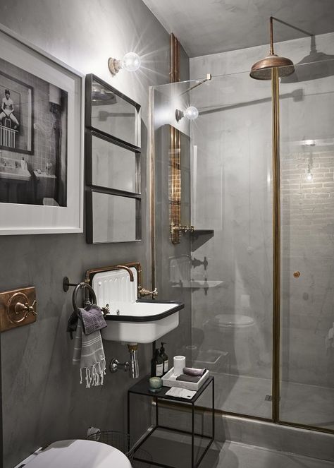 Glamorous Industrial style apartment - Decorology Vintage Bathroom Inspiration, Vintage Industrial Bathroom, Industrial Apartment Decor, Industrial Bathroom Decor, Industrial Bathroom Design, Industrial Bathroom Lighting, Industrial Decor Kitchen, Loft Designs, Vintage Sink