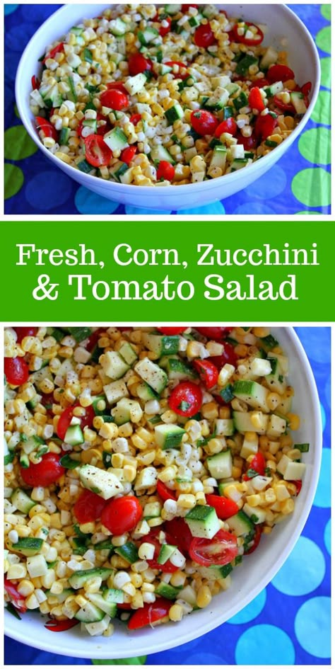 Fresh Corn, Zucchini and Tomato Salad recipe from RecipeGirl.com Fresh Corn Recipes, Zucchini And Tomato, Corn Zucchini, Tomato Salad Recipe, Zucchini Tomato, Tomato Salad Recipes, Zucchini Salad, Summer Corn Salad, Lake Food