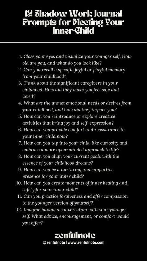 Connecting with your inner child can be a powerful and healing experience. This process is about fostering self-compassion and understanding. Take your time, be patient with yourself, and approach these questions with a gentle and loving mindset. Work Journal Prompts, Shadow Work Journal Prompts, Shadow Work Spiritual, Mindfulness Journal Prompts, Be Patient With Yourself, Shadow Work Journal, Journal Questions, Journal Inspiration Writing, Healing Journaling