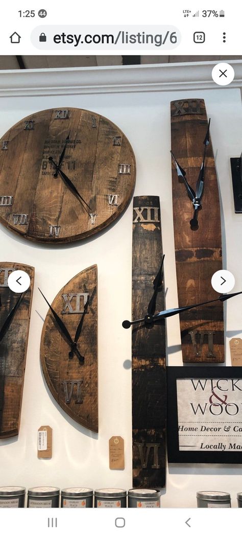 Wine Barrel Clock, Whiskey Barrel Decor, Wine Barrel Art, Wine Barrel Crafts, Wine Barrel Rings, Whiskey Barrel Furniture, Wooden Clocks, Barrel Projects, Wine Barrel Furniture