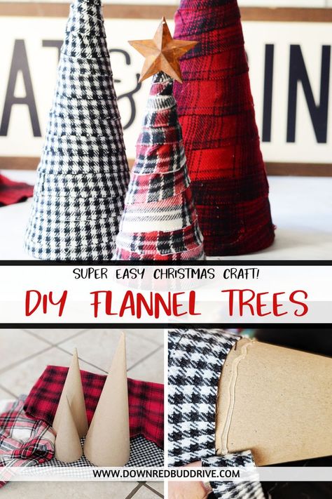 How to make DIY flannel trees Flannel Trees, Christmas Decor Cozy, Trees Diy, Flannel Christmas, Christmas Crafts To Sell, Christmas Flannel, Easy Christmas Crafts, Rustic Christmas Tree, Christmas Decorations Rustic