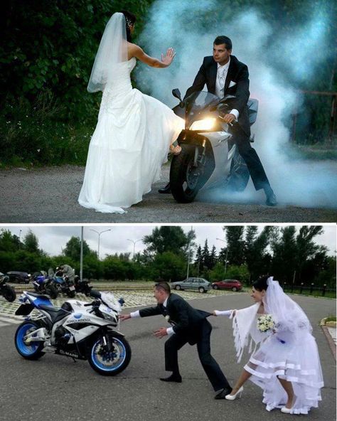 This is the end :) #bikes #wedding Couple Motard, Bike Wedding, Motorcycle Wedding, Biker Wedding, Motorcycle Couple, Biker Love, Groom And Groomsmen, Wedding Pics, Couple Pictures