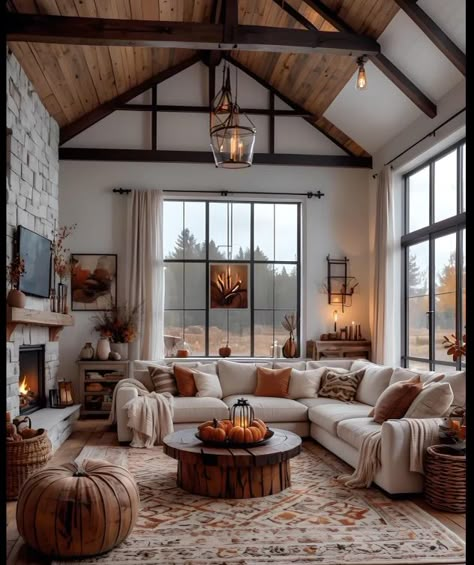 Vaulted Ceiling Living Room, Log Cabin Interior, Cabin Living Room, Fall Living Room, Living Room Design Inspiration, Mid Century Modern Living Room, Open Living Room, Modern Houses Interior, Living Room Spaces