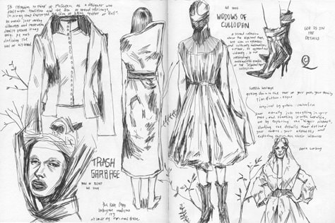 Alexander McQueen Sketches | Under the Tone Fashion Folio, Textile Book, Alexander Mcqueen Savage Beauty, Sketchbook Spread, Fashion Sketching, Textiles Sketchbook, Collection Ideas, Savage Beauty, Fashion Drawings