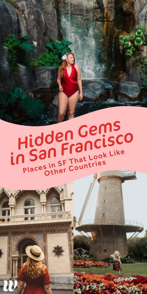 No passport needed to travel the world! These hidden photo places in San Francisco look like other countries! Palace of Fine Arts looks like Rome, this theater looks like Iran, the Dutch Windmills look like the Netherlands and more secret photo spots in San Francisco! Hidden Gems in San Francisco, California. Whimsy Soul Travel Guide. Places To Visit Near San Francisco, Things To Do In Sf San Francisco, Hidden Gems San Francisco, Things To See In San Francisco, San Francisco Instagram Spots, Free Things To Do In San Francisco, San Francisco Places To Visit, San Francisco Nature, San Francisco Spring Outfit