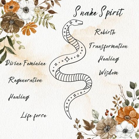 Snake Animal Spirit The snake is close to earth energies and represents life force. Since it’s a reptile, the snake spirit animal is reminiscent of unconscious drives and primal instincts. When the snake spirit animal shows up, pay attention to how you use your energy, and where you draw it from. If you see the snake as your spirit or power animal, be sensitive to your healing abilities towards yourself or others. Cultivate sources of energy and support, especially as they relate to the ear... Spirit Animal Snake, Primal Instincts, Snake Spirit Animal, Sources Of Energy, Healing Abilities, Animal Spirit, Power Animal, The Divine Feminine, Life Force